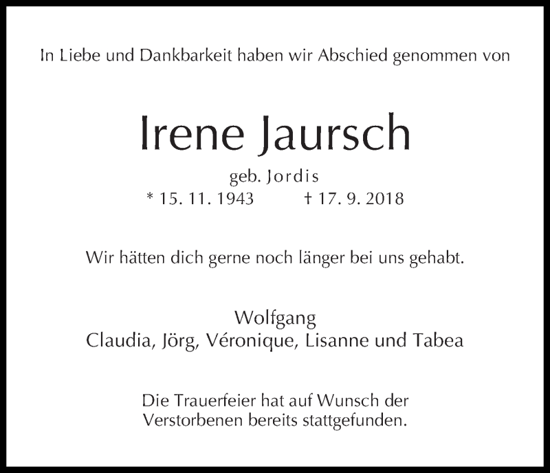 Traueranzeige von Irene Jaursch von WESER-KURIER