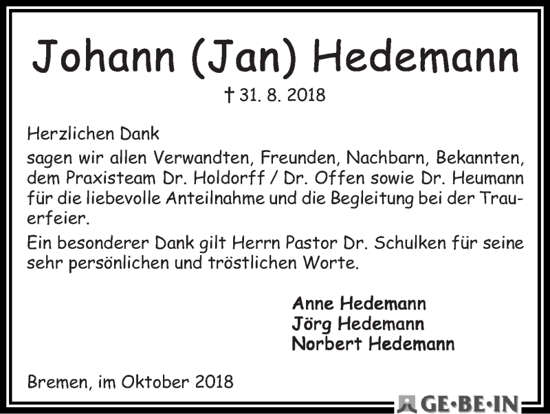 Traueranzeige von Johann (Jan) Hedemann von WESER-KURIER