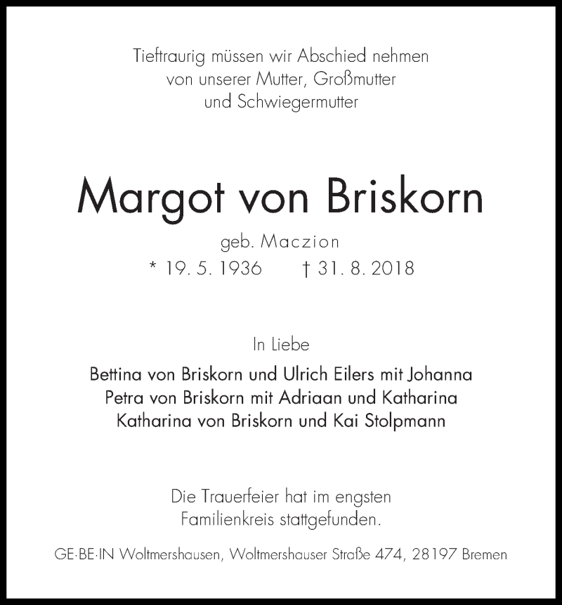 Traueranzeige von Margot von Briskorn von Wuemme Zeitung