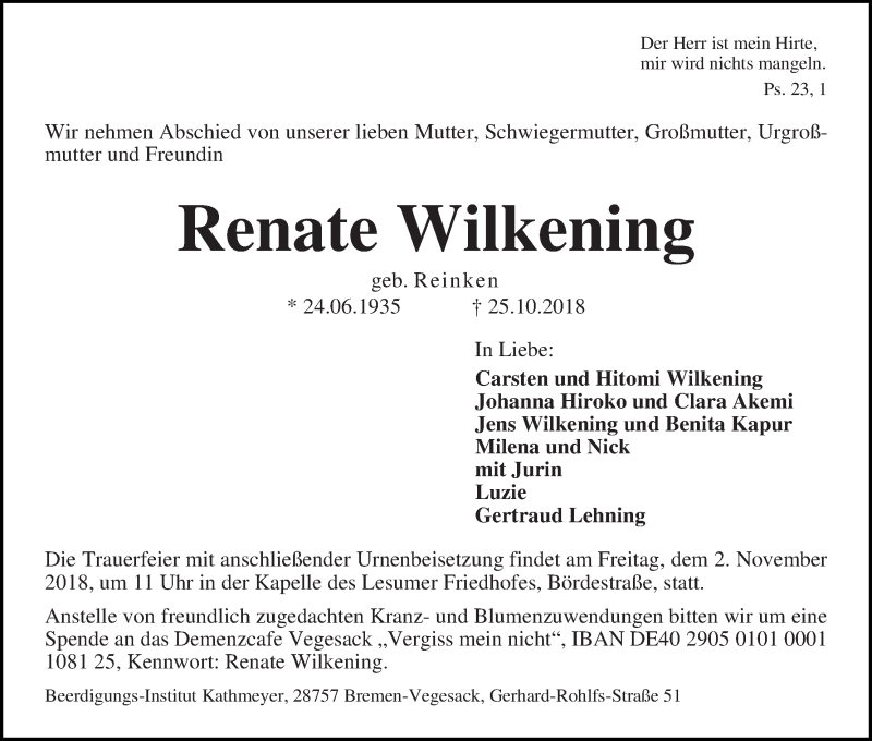 Traueranzeige von Renate Wilkening von Die Norddeutsche
