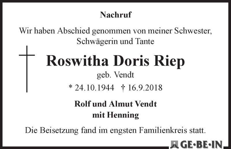 Traueranzeige von Roswitha Doris Riep von WESER-KURIER