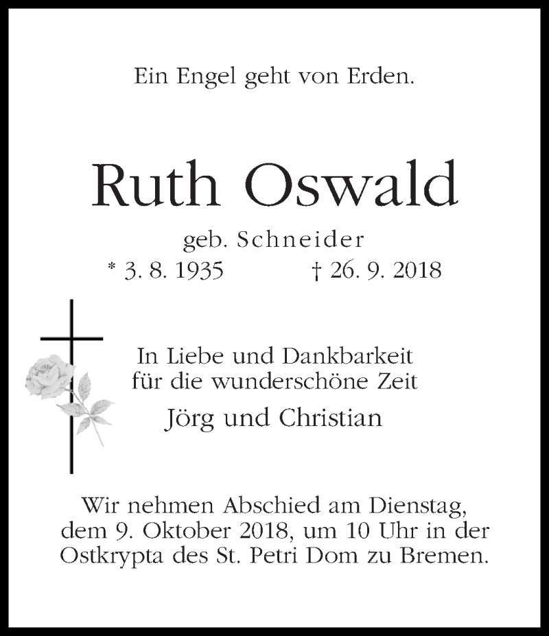 Traueranzeige von Ruth Oswald von WESER-KURIER