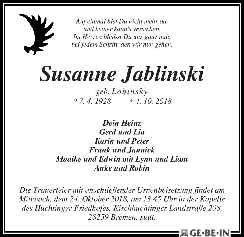 Traueranzeige von Susanne Jablinski von WESER-KURIER