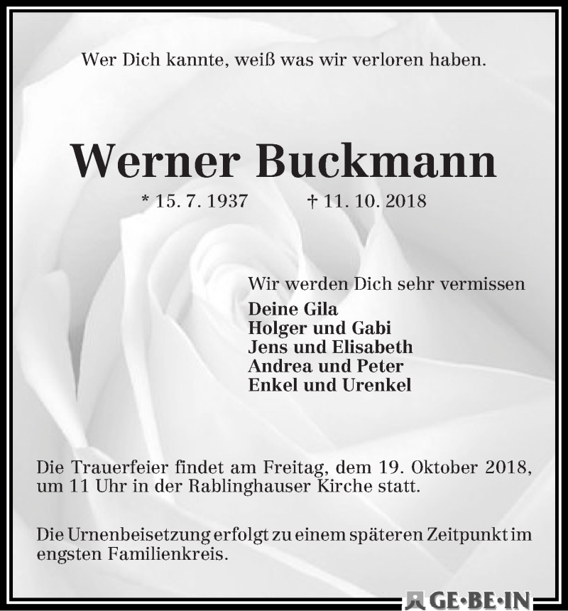 Traueranzeige von Werner Buckmann von WESER-KURIER