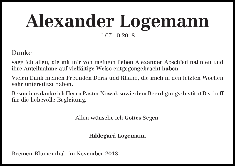 Traueranzeige von Alexander Logemann von Die Norddeutsche