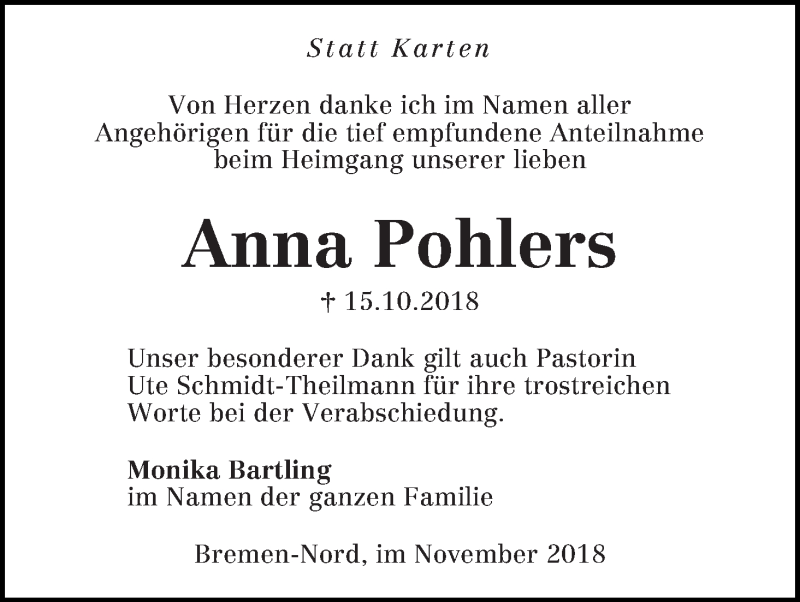 Traueranzeige von Anna Pohlers von Die Norddeutsche