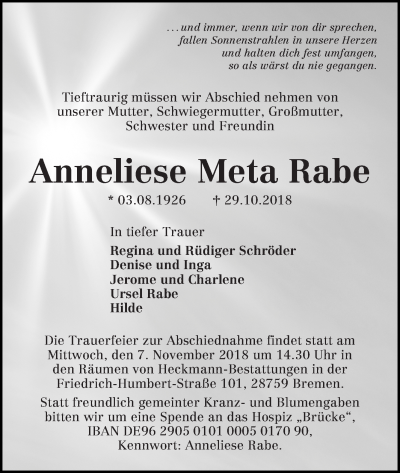 Traueranzeige von Anneliese Meta Rabe von Die Norddeutsche