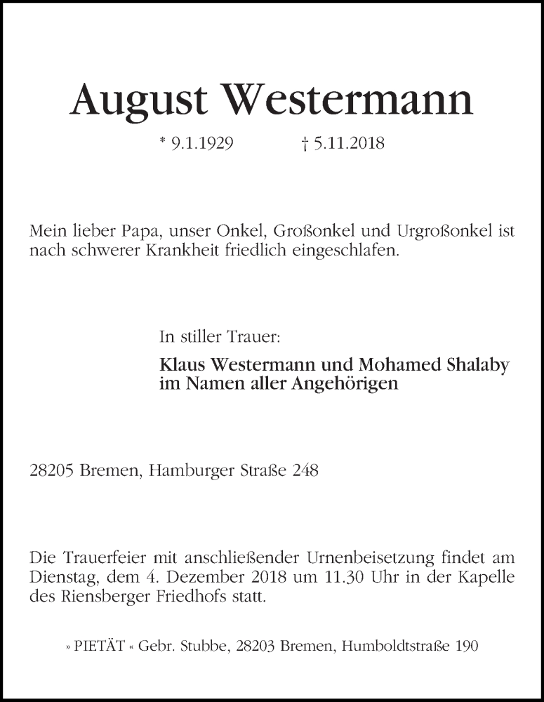 Traueranzeige von August Westermann von WESER-KURIER
