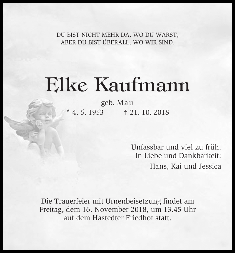 Traueranzeige von Elke Kaufmann von WESER-KURIER
