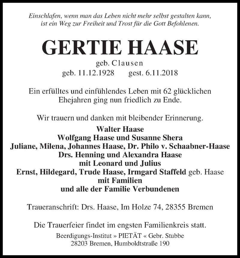 Traueranzeige von Gertie Haase von WESER-KURIER