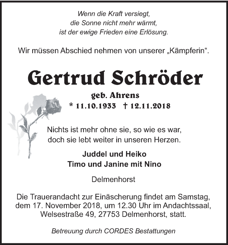 Traueranzeige von Gertrud Schröder von WESER-KURIER