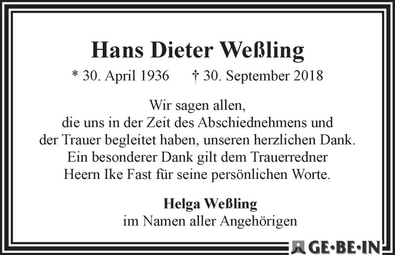Traueranzeige von Hans Dieter Weßling von WESER-KURIER