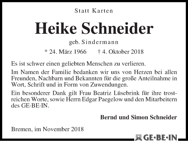 Traueranzeige von Heike Schneider von WESER-KURIER