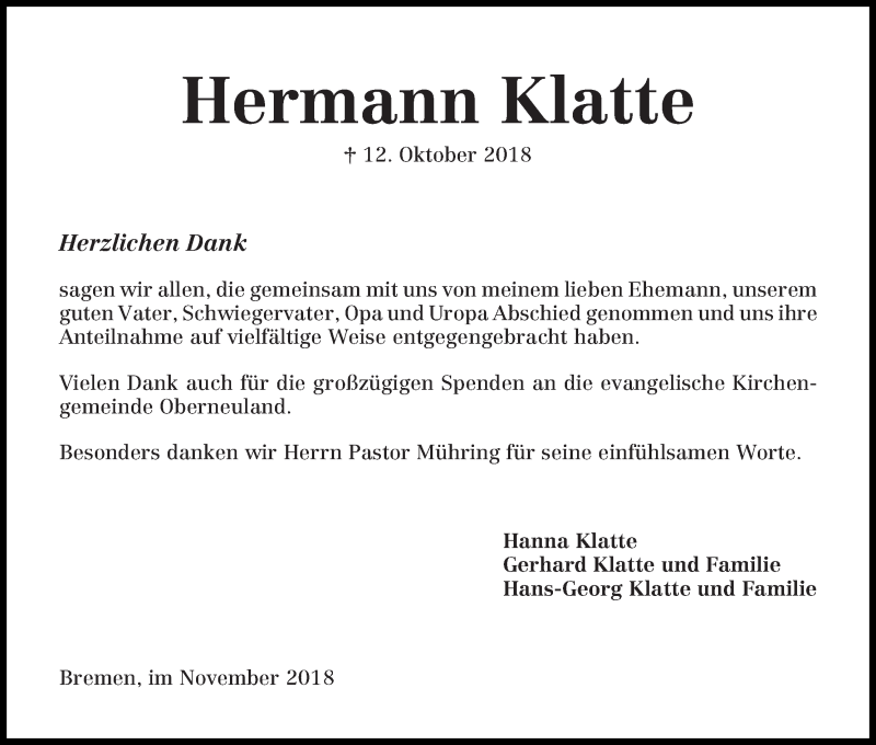Traueranzeige von Hermann Klatte von WESER-KURIER