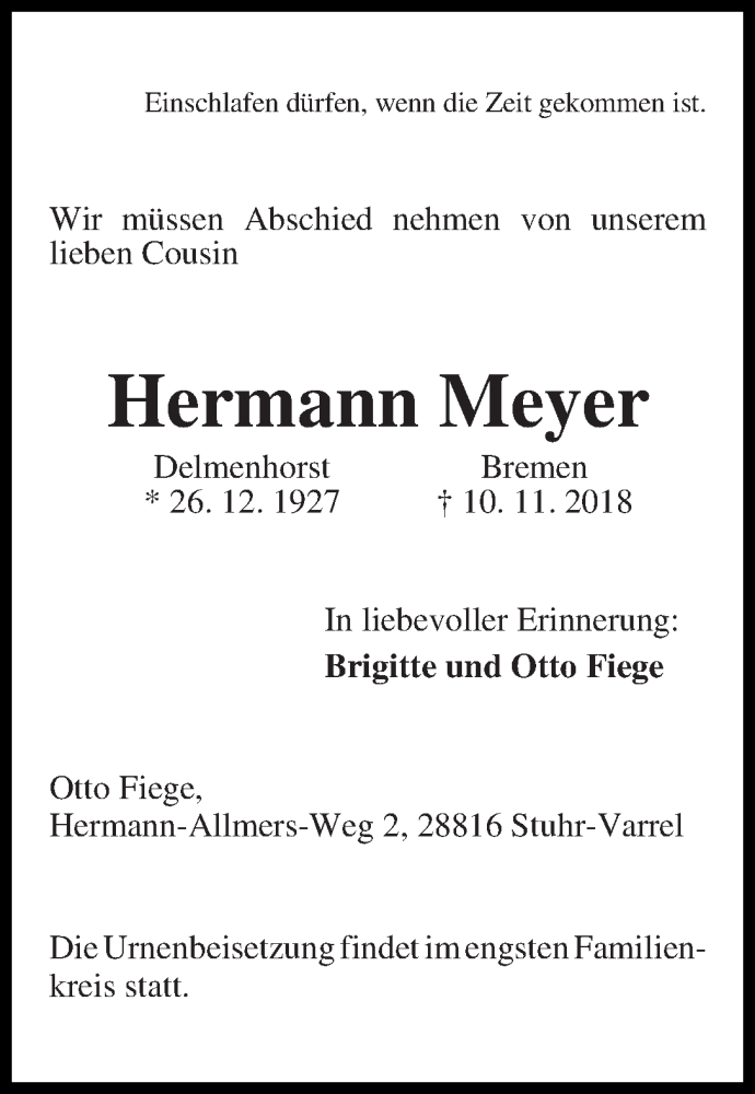 Traueranzeige von Hermann Meyer von WESER-KURIER