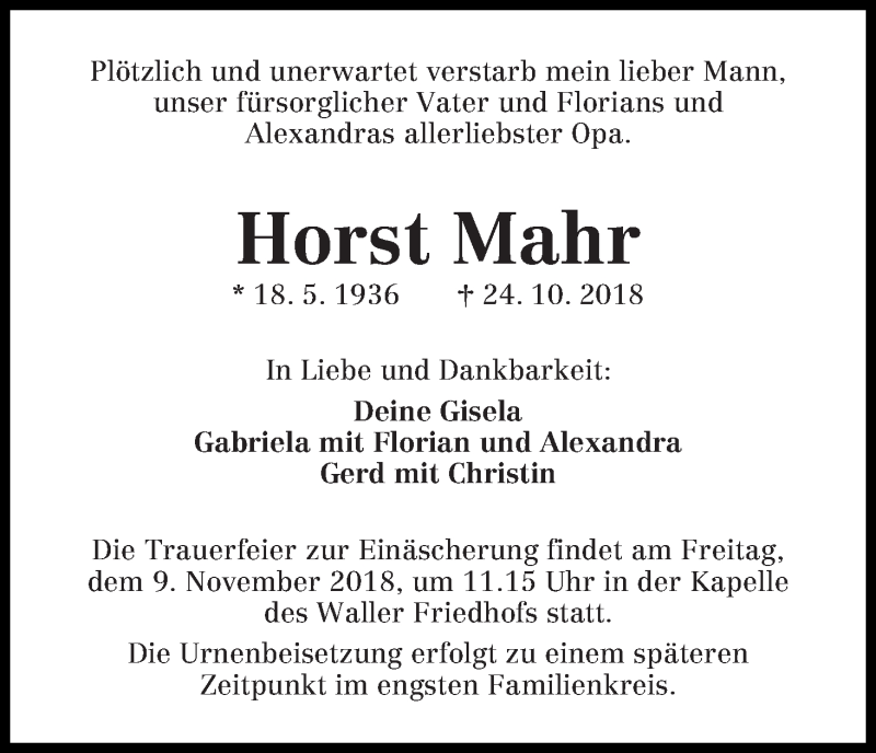 Traueranzeige von Horst Mahr von WESER-KURIER