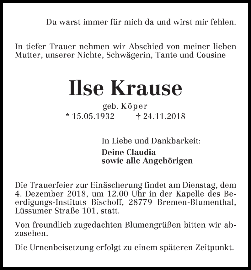 Traueranzeige von Ilse Krause von Die Norddeutsche