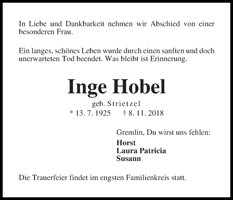 Traueranzeige von Inge Hobel von Die Norddeutsche