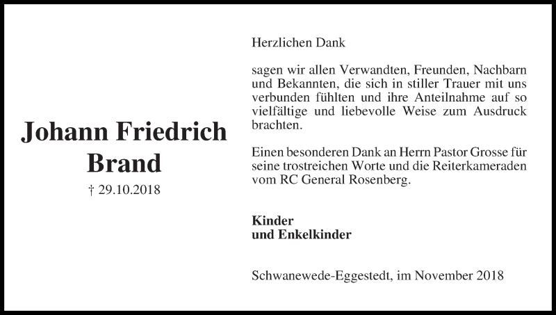 Traueranzeige von Johann Friedrich Brand von Die Norddeutsche