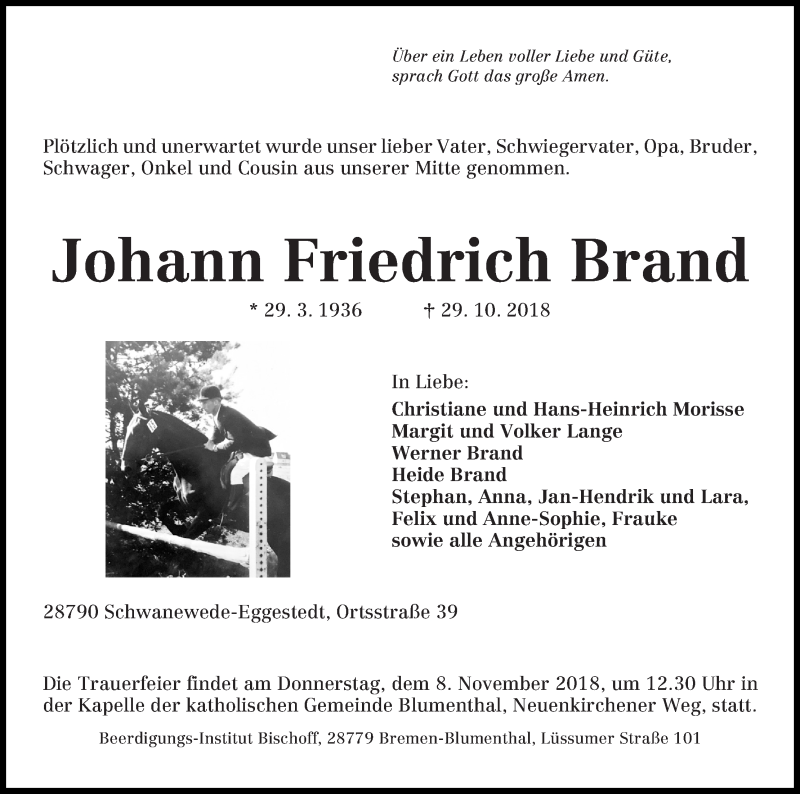 Traueranzeige von Johann Friedrich Brand von Die Norddeutsche