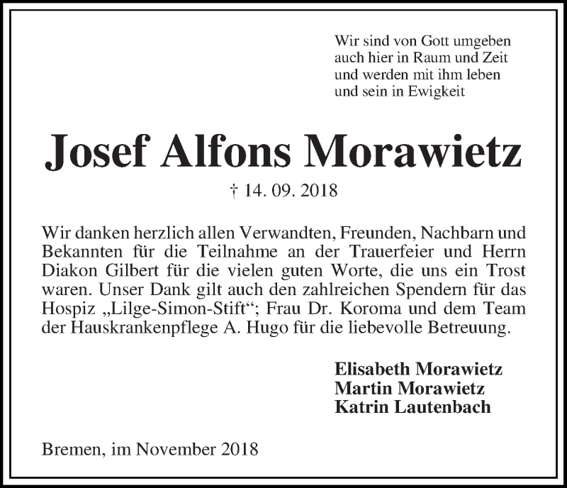 Traueranzeige von Josef Alfons Morawietz von Die Norddeutsche