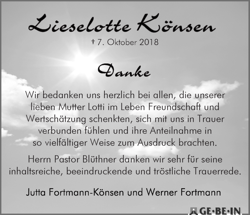 Traueranzeige von Lieselotte Könsen von WESER-KURIER