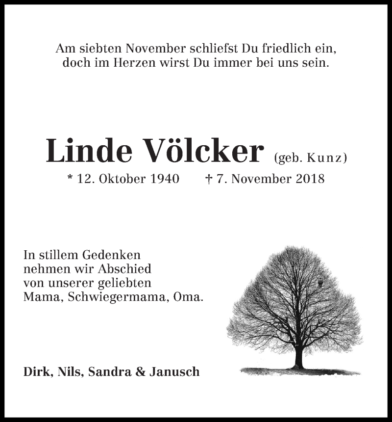 Traueranzeige von Linde Völcker von WESER-KURIER