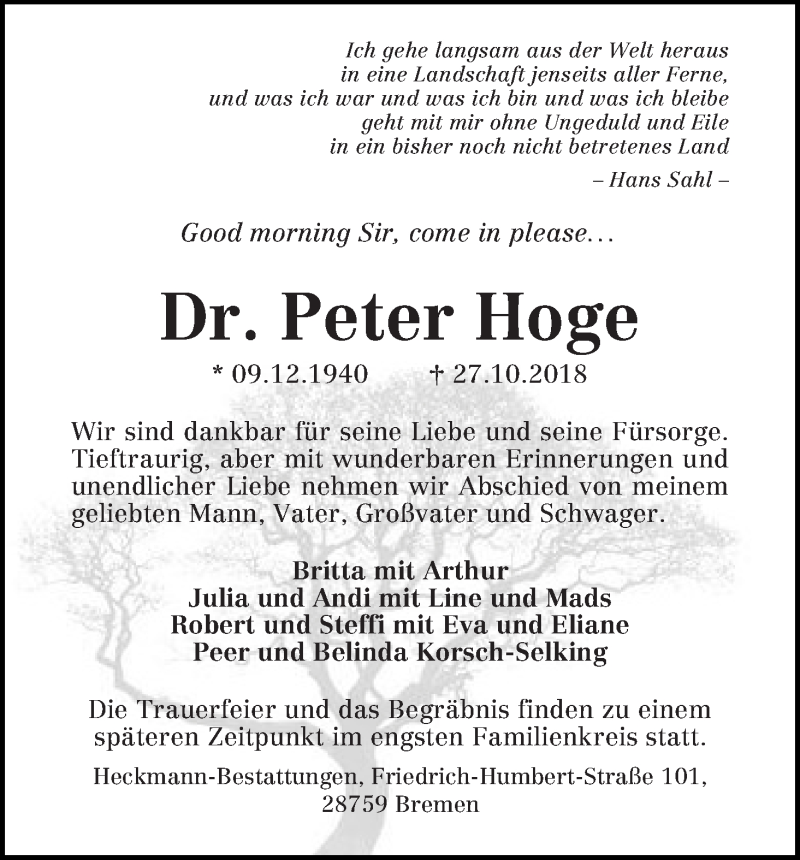 Traueranzeige von Peter Hoge von WESER-KURIER