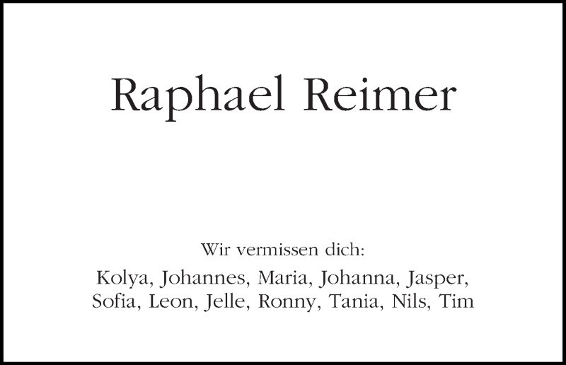 Traueranzeige von Raphael Reimer von WESER-KURIER