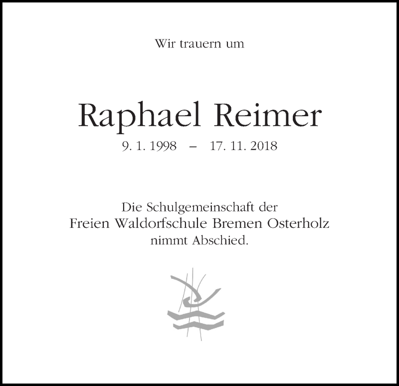 Traueranzeige von Raphael Reimer von WESER-KURIER