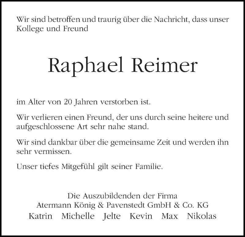 Traueranzeige von Raphael Reimer von WESER-KURIER