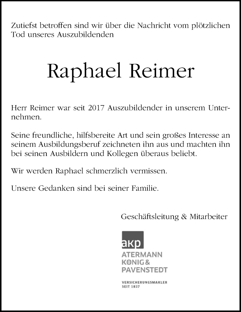 Traueranzeige von Raphael Reimer von WESER-KURIER