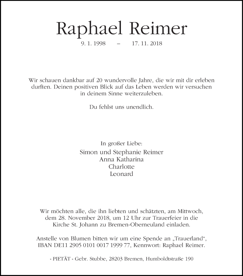 Traueranzeige von Raphael Reimer von WESER-KURIER