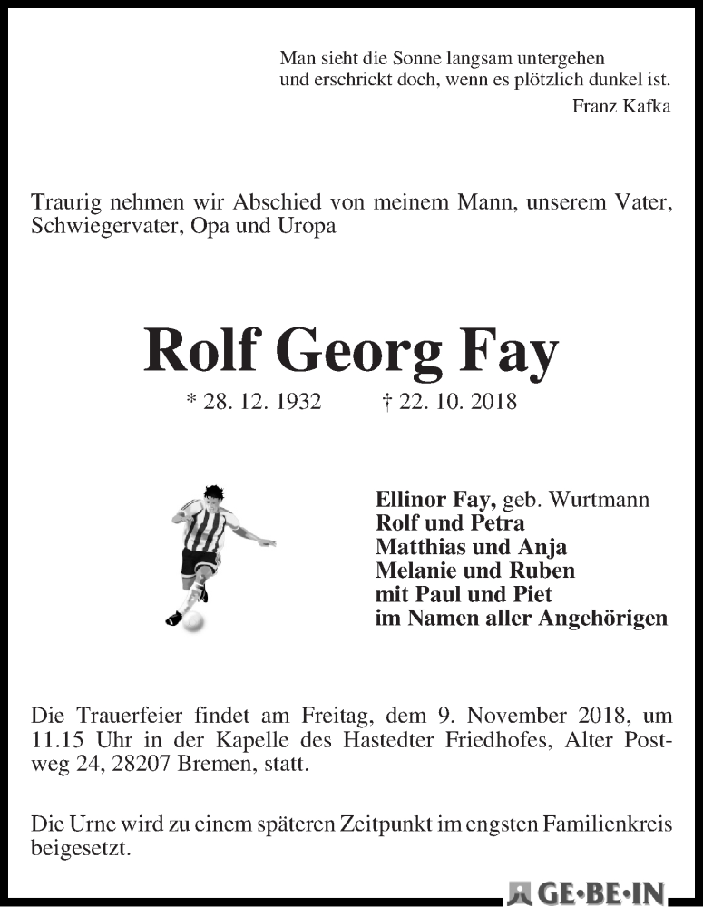 Traueranzeige von Rolf Georg Fay von WESER-KURIER