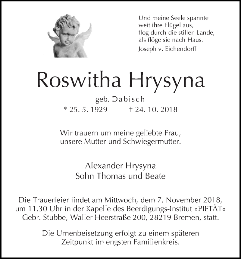 Traueranzeige von Roswitha Hrysyna von WESER-KURIER