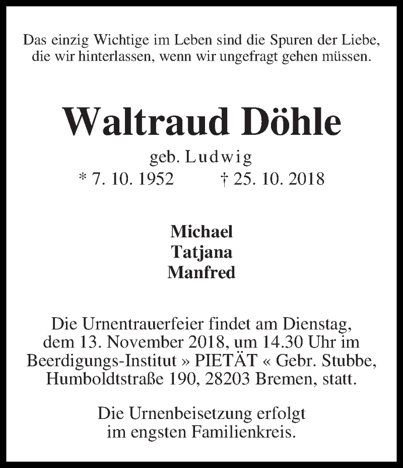Traueranzeige von Waltraud Döhle von WESER-KURIER