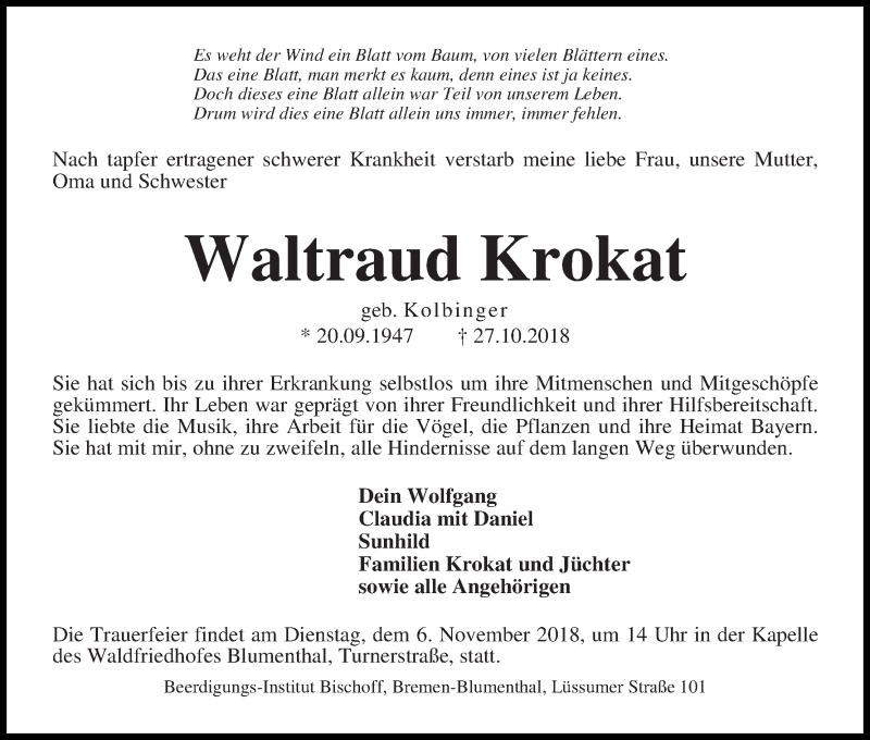 Traueranzeige von Waltraud Krokat von Die Norddeutsche
