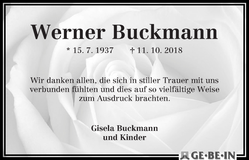 Traueranzeige von Werner Buckmann von WESER-KURIER