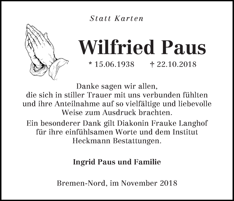 Traueranzeige von Wilfried Paus von Die Norddeutsche