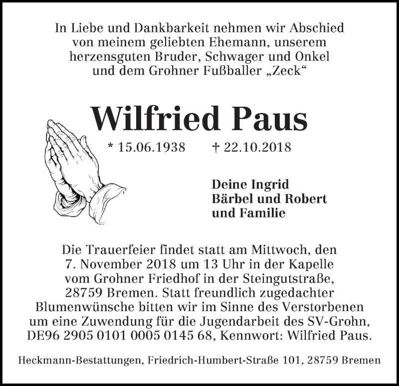 Traueranzeige von Wilfried Paus von Die Norddeutsche