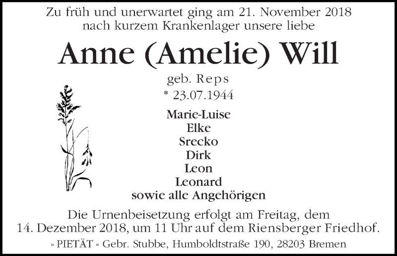 Traueranzeige von Anne (Amelie) Will von WESER-KURIER