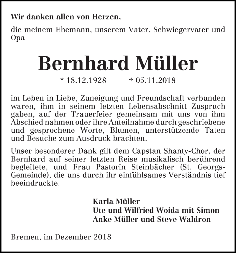 Traueranzeige von Bernhard Müller von WESER-KURIER