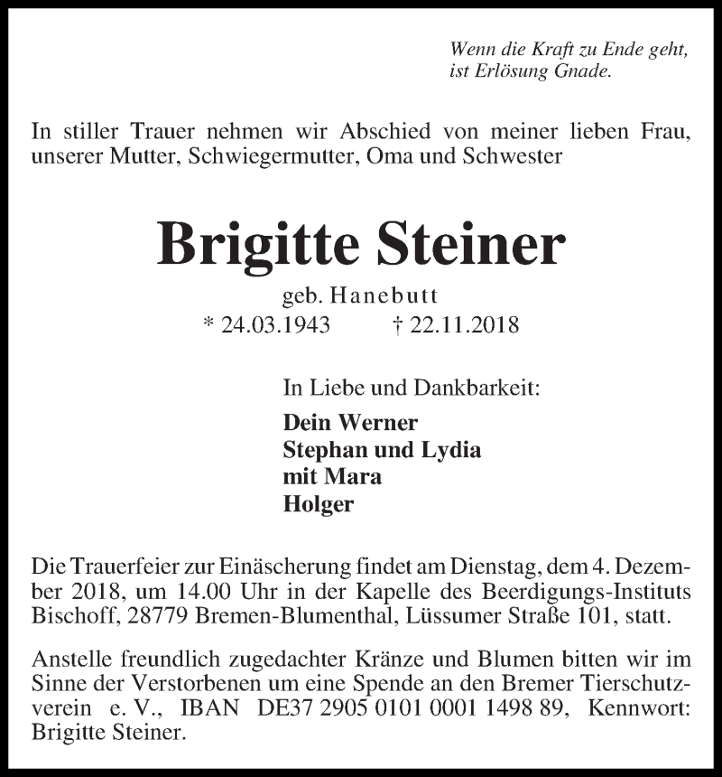 Traueranzeige von Brigitte Steiner von Die Norddeutsche