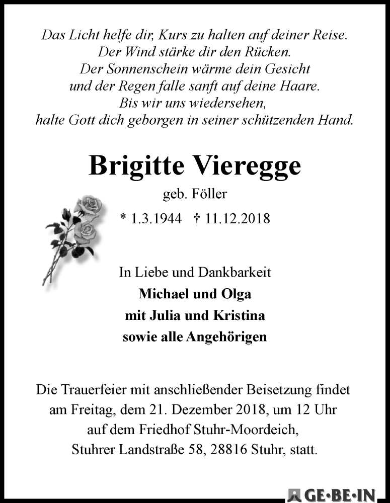 Traueranzeige von Brigitte Vieregge von WESER-KURIER