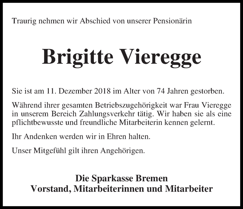 Traueranzeige von Brigitte Vieregge von WESER-KURIER