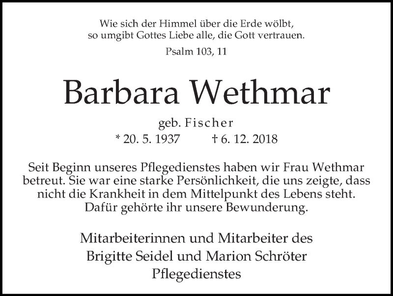 Traueranzeige von Bärbel Wethmar von WESER-KURIER