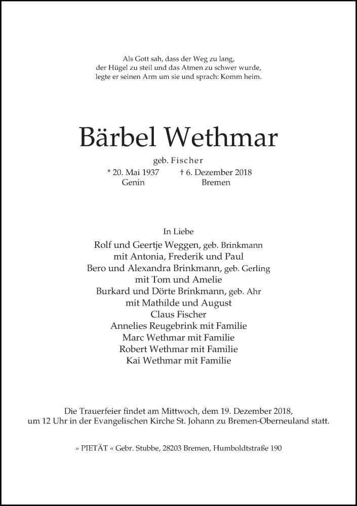 Traueranzeige von Bärbel Wethmar von WESER-KURIER