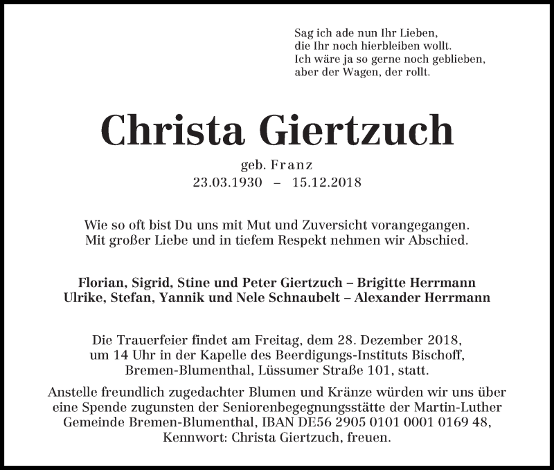 Traueranzeige von Christa Giertzuch von Die Norddeutsche