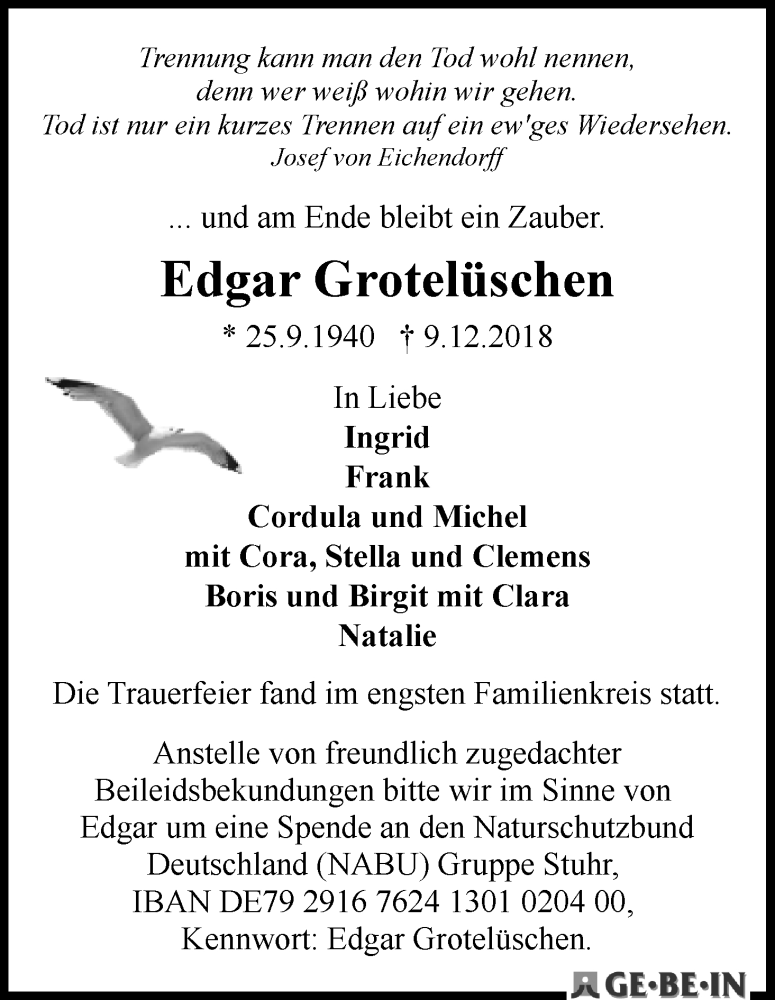 Traueranzeige von Edgar Grotelüschen von WESER-KURIER