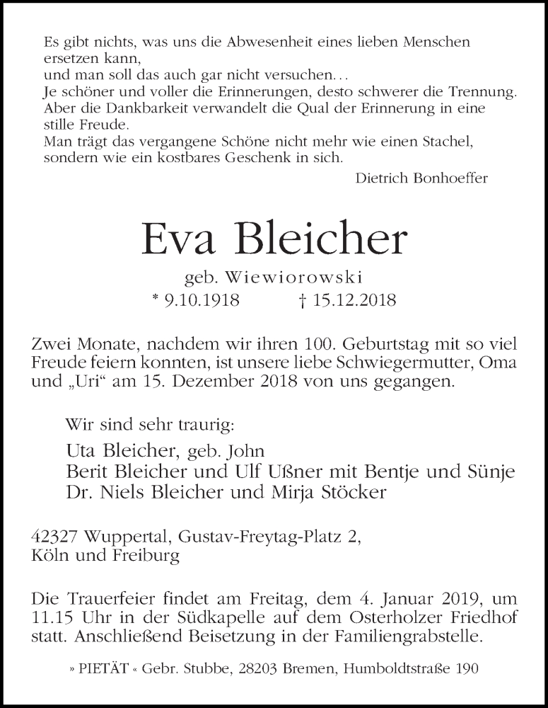 Traueranzeige von Eva Bleicher von WESER-KURIER